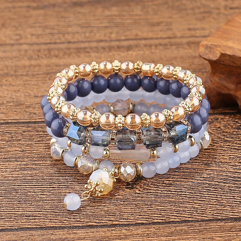 4Pcs Bohemian Bracelet Sets for Women Stackable Glass Acrylic Beads Chain Stretch Bracelets Boho Dainty Jewelry Best Friend Gif