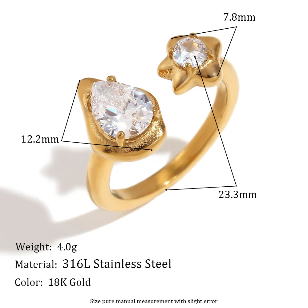 E.B.belle Asymmetric Opening Water Droplets Stars Zircon Ring 18K Gold Plated Women's Rings 316L Stainless Steel Accessories