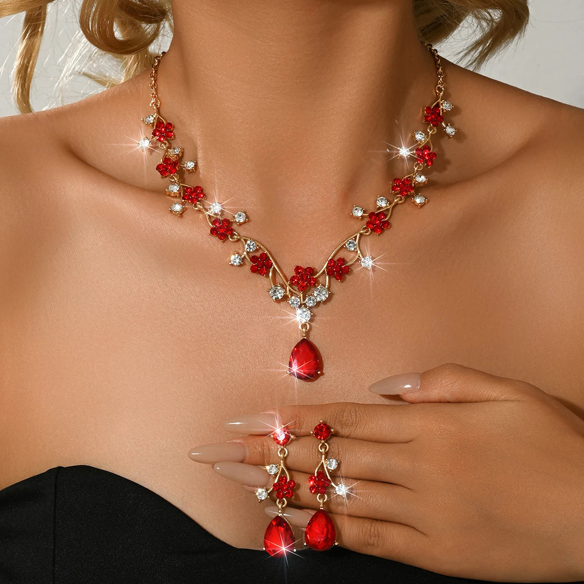 Light Luxury Diamond Inlaid Zircon Necklace Earrings Angel Tears Jewelry Two-Piece Set Wedding Accessories