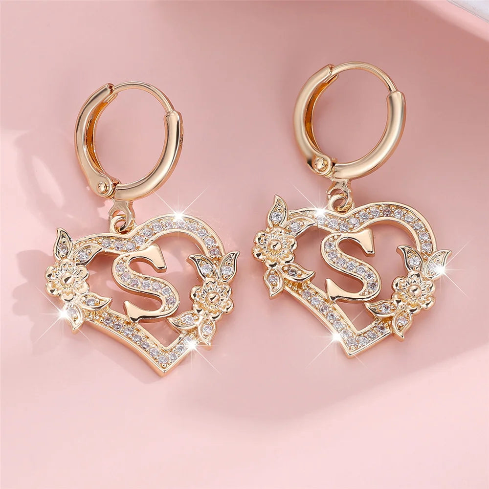 Female A-Z 26 Letter Heart Flower Hoop Earrings Yellow Gold Color White Zircon Wedding Jewelry For Women