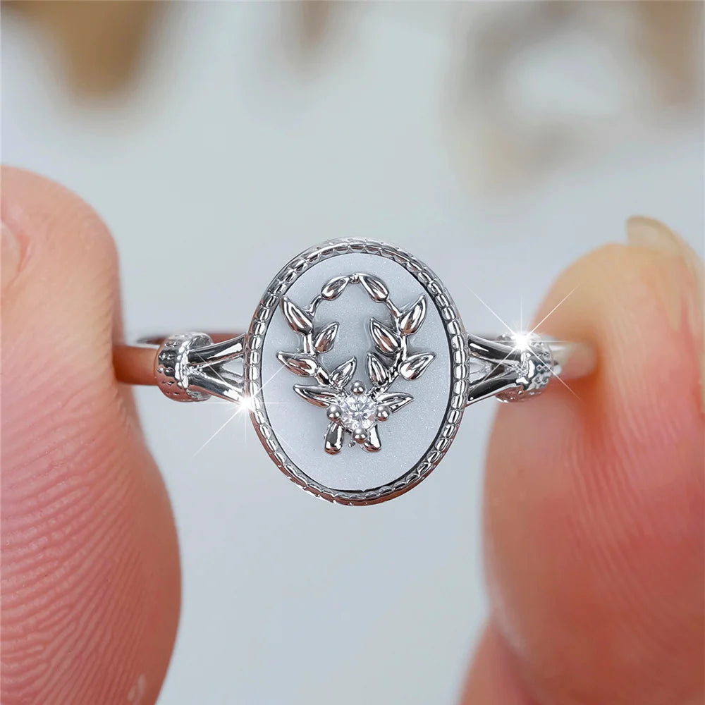 Charm Female White Enamel Stone Oval Leaf Plant Ring Rose Gold Silver Color Cute Gift Wedding Jewelry For Women