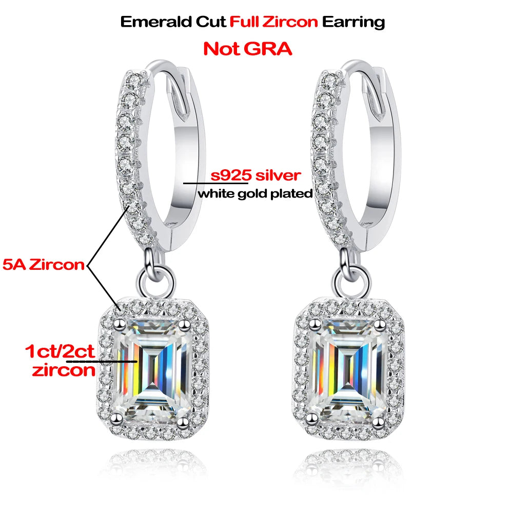 1ct 2ct Emerald/Radiant Cut Moissanite Drop Earrings for Women 925 Sterling Silver Plated PT950 Sparkling Hoop Earring With GRA