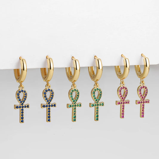 Chic Gold Color Huggie Earrings Vintage Cross Egyptian Ankh Hoop Earrings for Women Cubic Zirconia Pendants Earring Jewelry