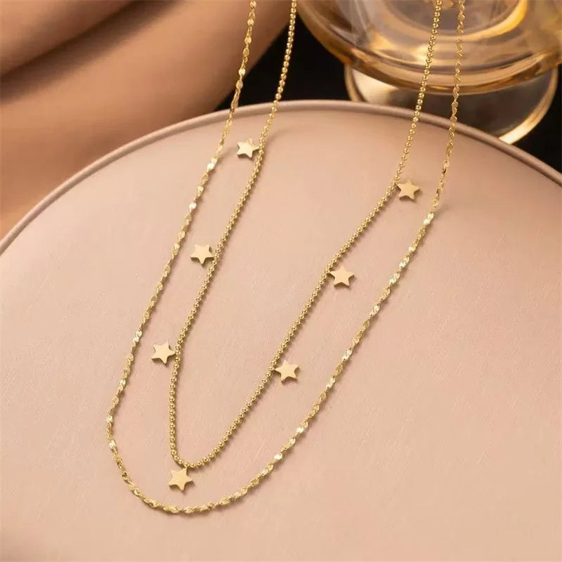 EILIECK Women's Retro Star Moon Pendant Necklace 18K Gold PVD Plated Stainless Steel Waterproof Layered Neck Chain Daily Jewelry