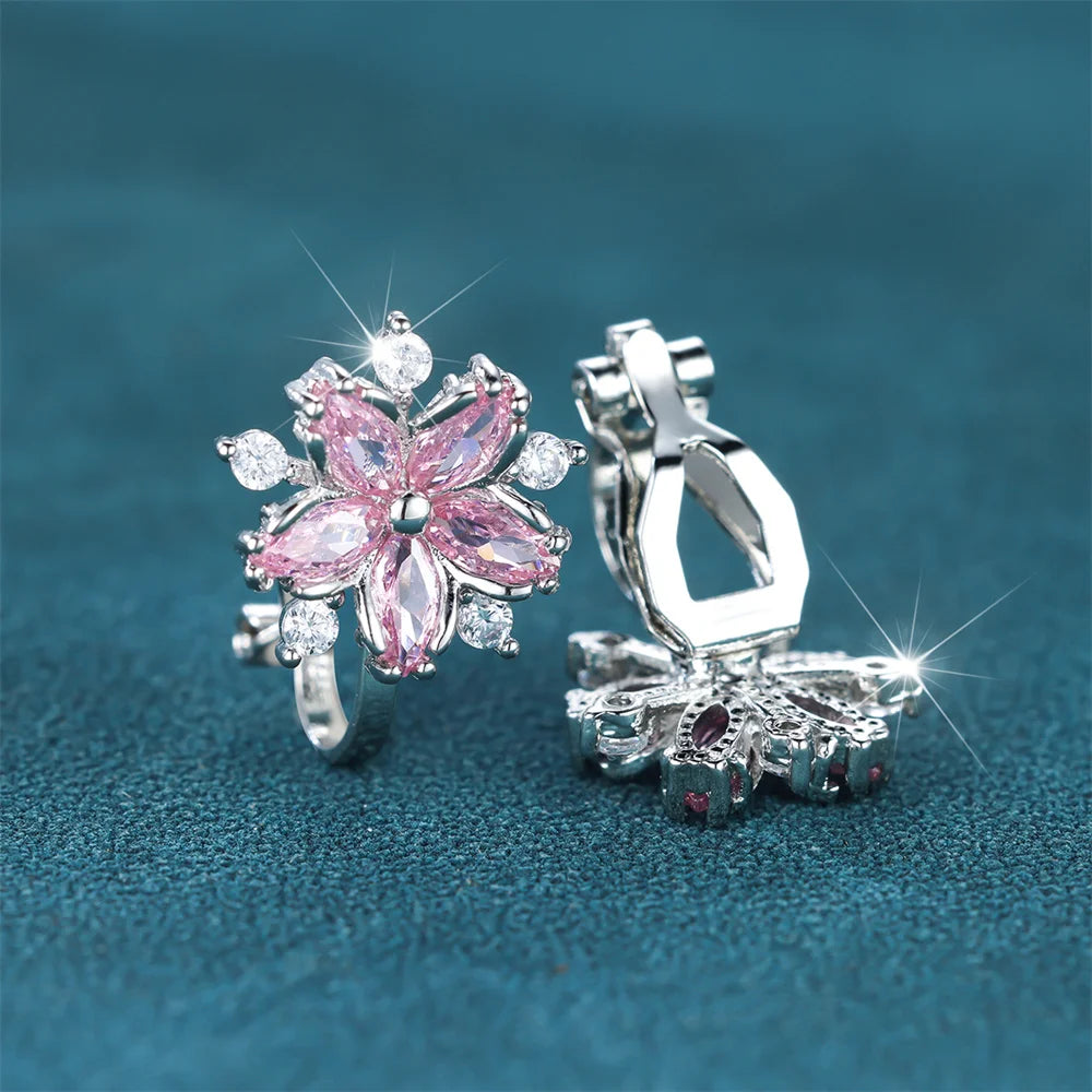 Luxury Female Small Red Zircon Stone Clip Earrings Charm Silver Color Wedding Jewelry For Women