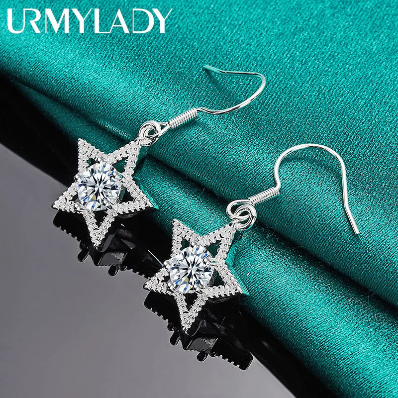URMYLADY 925 Sterling Silver Star Zircon Earrings Eardrop for Women Fashion Charm Wedding Engagement Jewelry