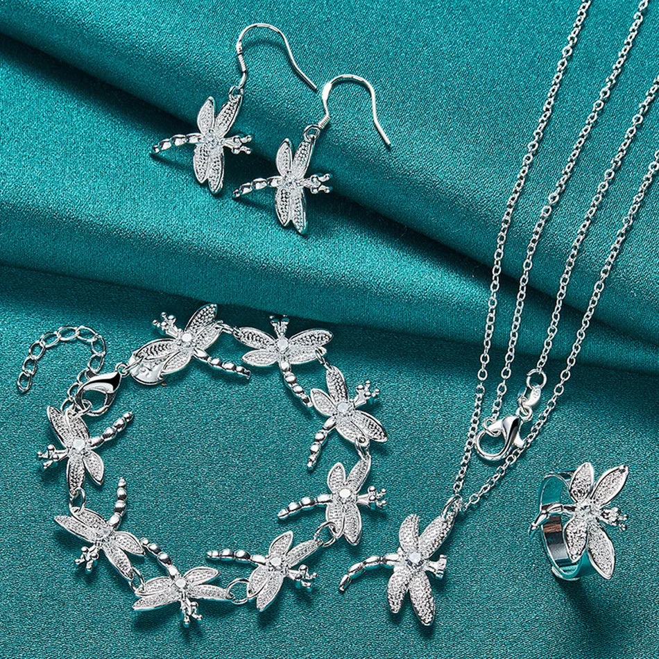 URMYLADY 925 Sterling Silver Dragonfly Necklace Bracelet Earring Ring Jewelry Set For Women Wedding Party Fashion Charm Gift