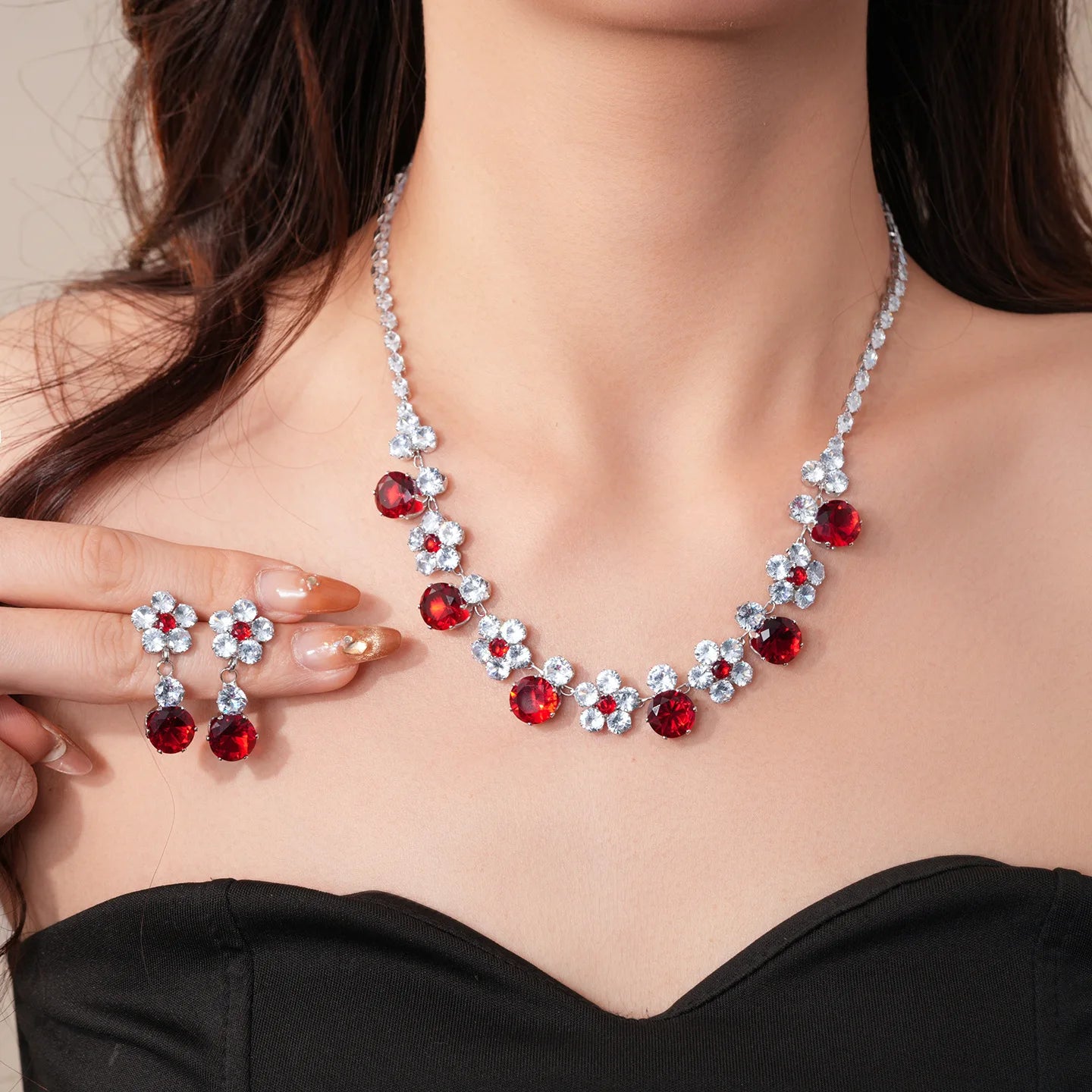 2 Pcs Reteo Flower Rhinestones Chokers Necklaces for Gathering Bling Color-block Dangle Earrings Banquet Anniversary Set H