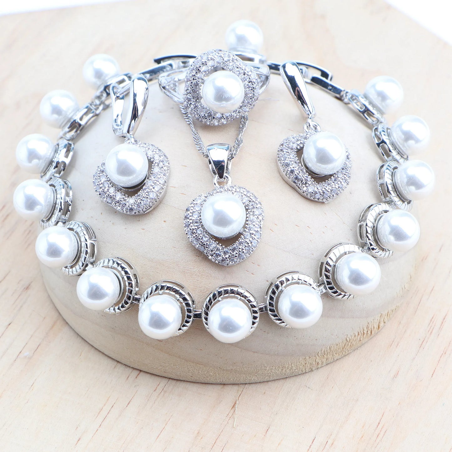 Natural Pearls Jewelry Sets 925 Silver Bridal Earrings Bracelets Rings Pendant Wedding Necklace Set Zircon Jewellery For Women