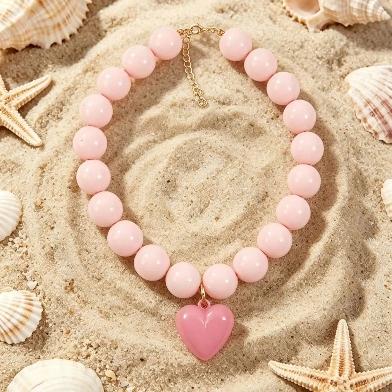 Pink Resin Beads with Detachable Pink Heart Pendant Necklace for Women Y2K Style Statement Jewelry Summer Party Gifts Accessory