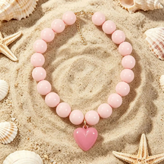 Pink Resin Beads with Detachable Pink Heart Pendant Necklace for Women Y2K Style Statement Jewelry Summer Party Gifts Accessory