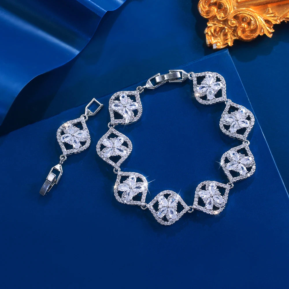 ThreeGraces Luxury Shiny Pink Cubic Zirconia Big Flower Leaf Shape Bridal Wedding Party Link Chain Bracelet for Women BR439