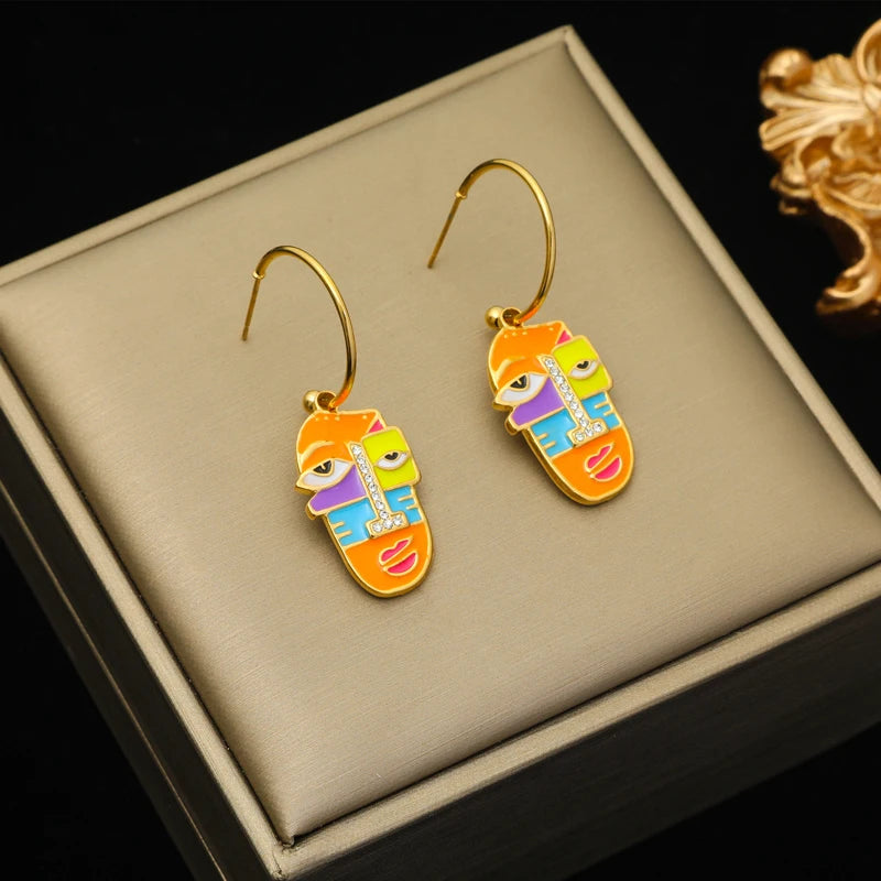 EILIECK 316L Stainless Steel Exaggerated Geometric Funny Face Drop Earrings For Women Girl Fashion Waterproof Ear Jewelry Gift