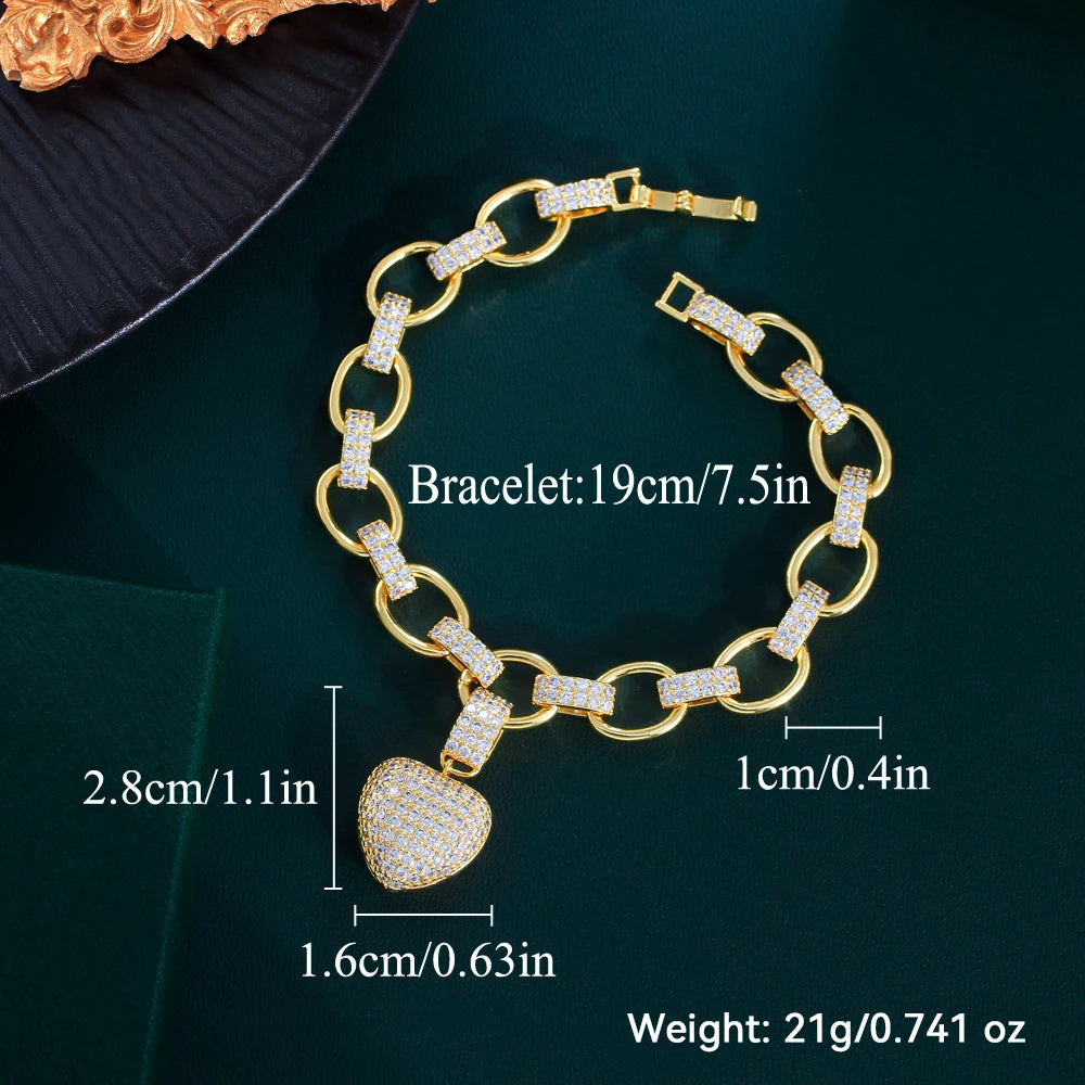 ThreeGraces Luxury Shiny Zirconia Love Heart Charm Cuban Link Chain Bracelet for Women Fashion Daily Party Jewelry BR342