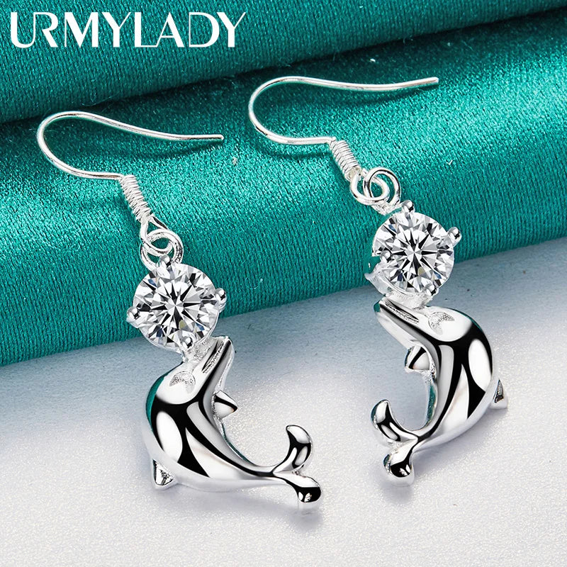 URMYLADY 925 Sterling Silver Dolphin Zircon Earrings Eardrop For Women Charm Wedding Fashion Engagement Jewelry