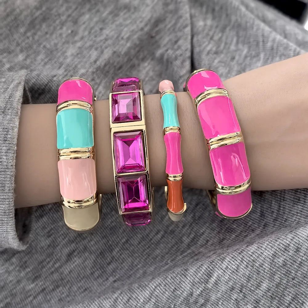 KMVEXO Elegant Charm Pink Zinc Alloy Enamel Bangles Geometric Irregular Wide Cuff Spring Bangle Bracelets For Women Jewelry