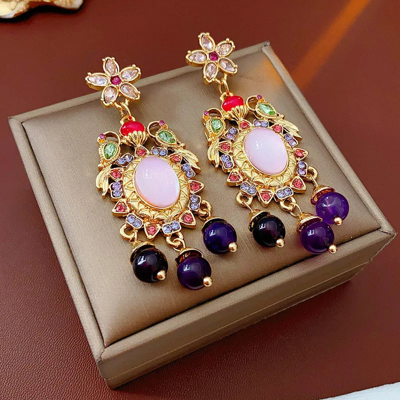 Mediaeval Retro Oval Resin Dangle Earrings Palace Style Rhinestones Flowers Tassels Pendant Ear Drops Jewelry Pendientes Mujer N