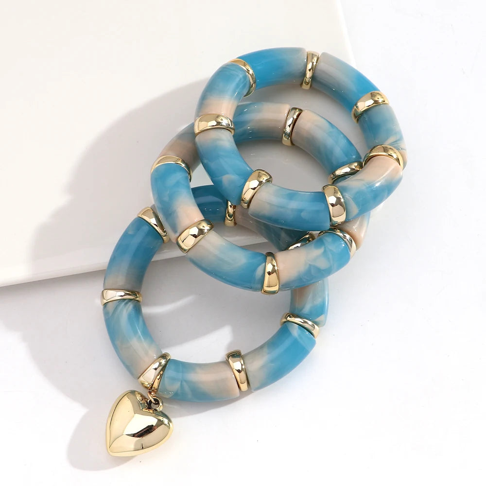 New Acrylic Thick Tube Bead Bracelets Set Fashion Geometric Bamboo Beaded Bangle Bracelets Jewelry Gifts Accessory
