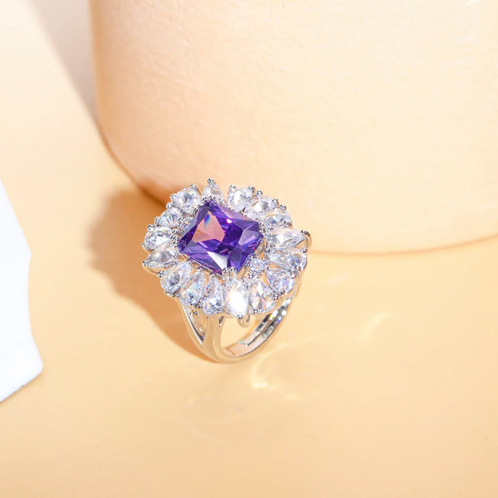 ThreeGraces Luxury Green Purple Cubic Zirconia Silver Color Adjustable Size Wedding Engagement Ring for Women Chic Jewelry R168
