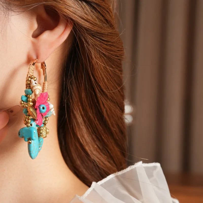 NISHIZAWA Bohemian Stones Earrings for Women Flowers Tassels Fashion Jewelry Elegant Beach Style Retro Aretes De Mujer