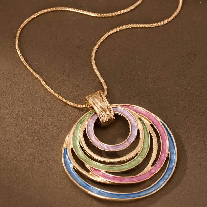 New Geometric Colorful Circular Annular Hollow Geometric Pendant Necklace with Personalized Creativity Women's Jewelr Gifts