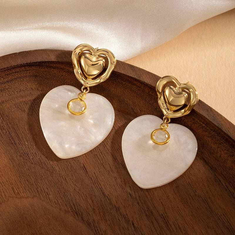 ANENJERY 316L Stainless Steel Double Layer Heart Pendant Stud Earrings For Women French Vintage Luxury Niche Jewelry Gift