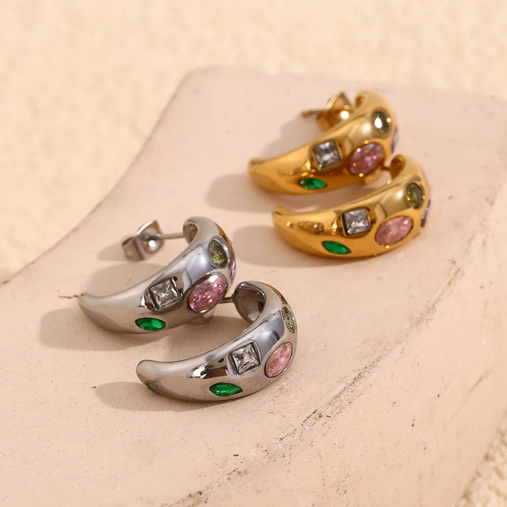 E.B.belle Geometry Colorful Zircon C-shpaed Stud Earring Basic Fahsion Stainless Steel Women Jewelry Waterproof Hypoallergenic