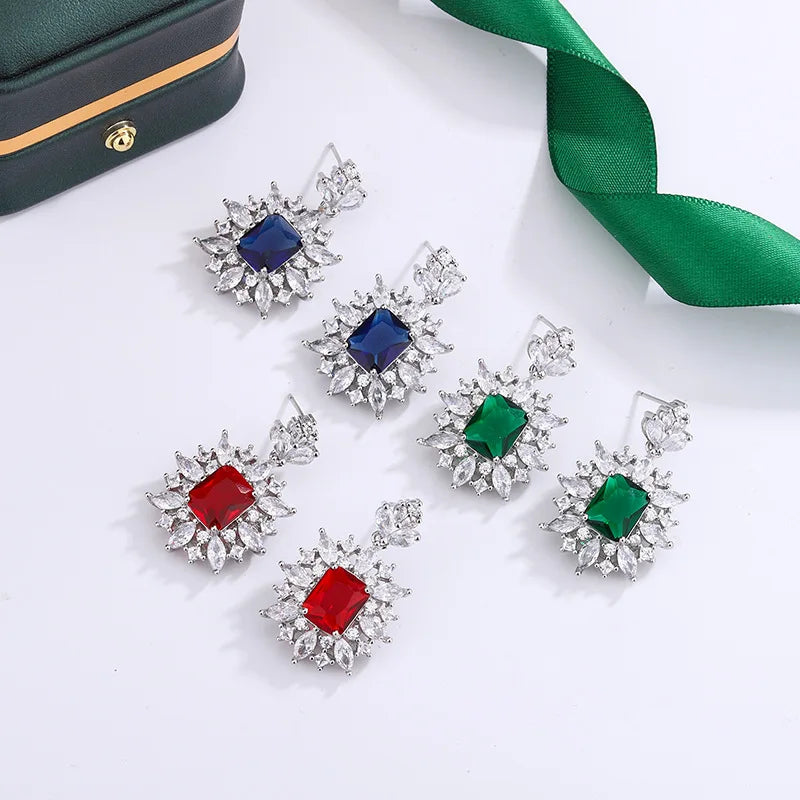 925 Silver New Emerald Geometric Earrings Feminine Exaggerated Light Luxury Princess Square Diamond Earrings Party Birthday Gift