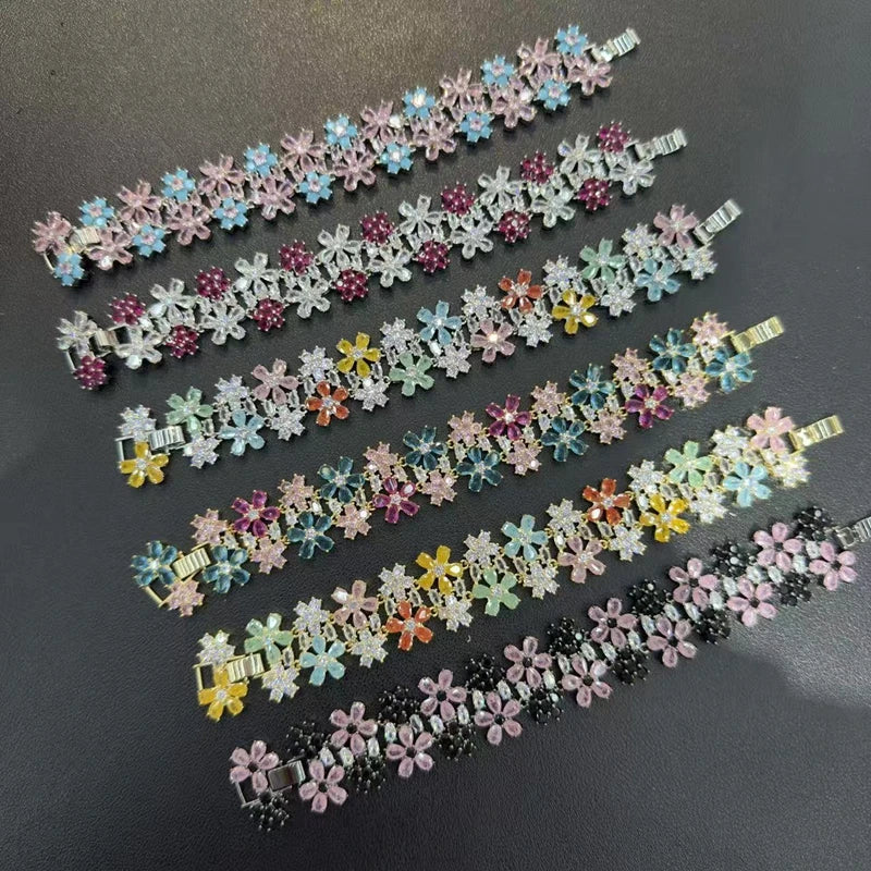 Luxury Cubic Zirconia Gemstone Bracelet Ring Earring Jewelry Set for Women Wedding Gift Colorful Stone Five Petal Flower Design
