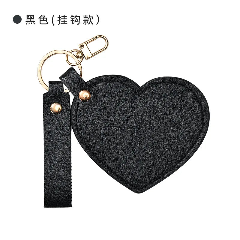 Multi-functional Heart Shape PU Leather Makeup Mirror Creativity Keychain Portable Compact with Chain for Purse Travel Gift