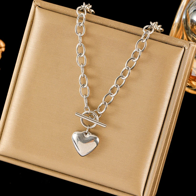 EILIECK 316L Stainless Steel Gold Color Heart Love Necklace Bracelets Set For Women New Trendy OT Buckle Waterproof Jewelry Set