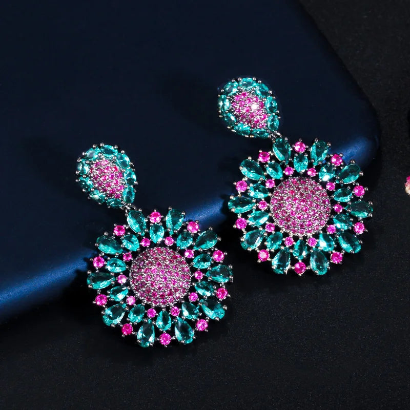 ThreeGraces Vintage Rose Red and Green Cubic Zirconia Long Big Dangle Flower Party Earrings for Women Party Jewelry E2124