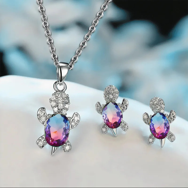 Multicolor Rhinestones Turtle Necklace Earrings sets for Women 14k Platinum Plated 3 Pcs Jewelry Set Female Party Wedding Gifts
