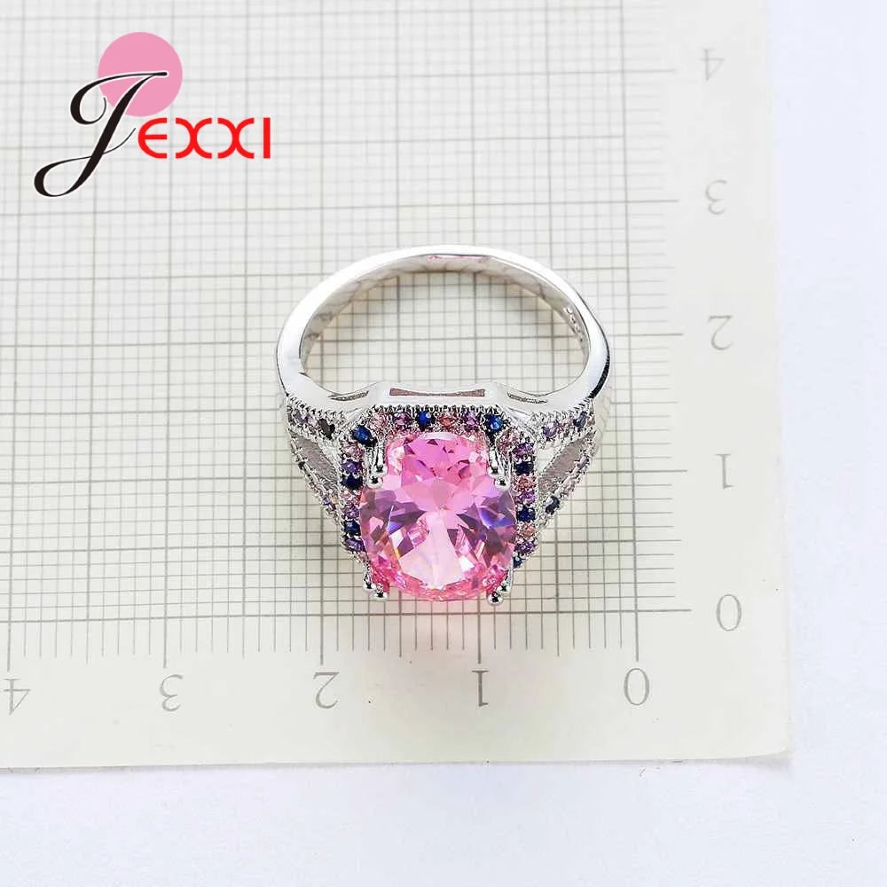 Trendy Colorful Zircon With Big Light Pink Crystal Paved AAA CZ Stones Wedding 925 Sterling Silver Color Rings For Women Part