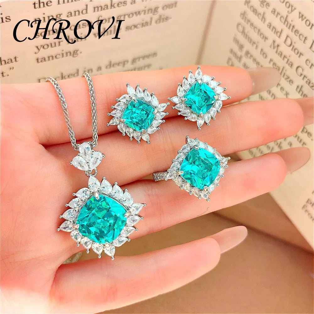 Light Luxury 925 Sterling Silver Set, Diamond Ring for Women, Elegant Pendant Necklace, Gemstone Stud Earrings