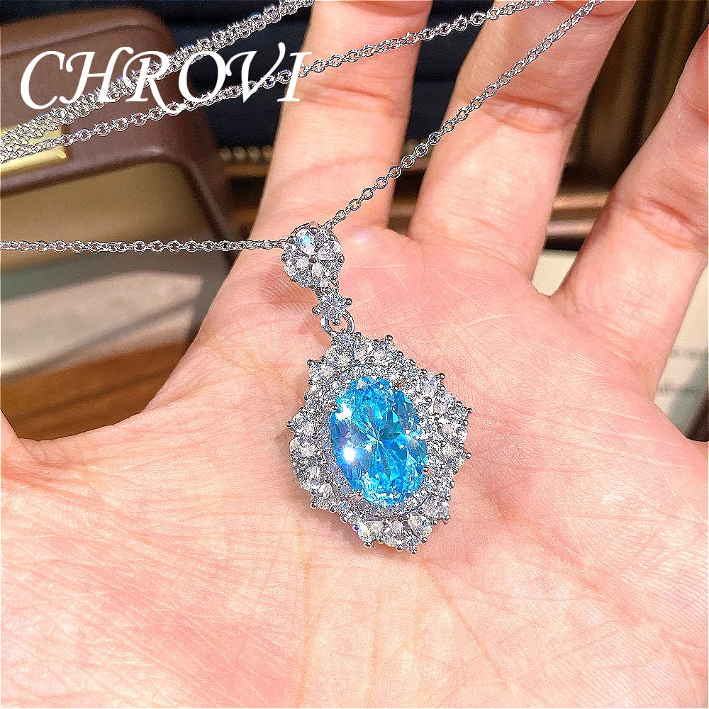 Luxury-Style 925 Sterling Silver Round Ice Flower Necklace for Women - High-Class Elegant Elliptical Full Diamond Collar Chain
