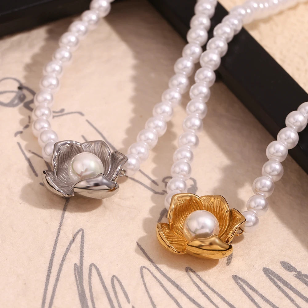 E.B.belle Imitation Pearl Flower Pendant Necklace Hypoallergenic 316L Stainless Steel Accessories 18K Gold Plated Gift