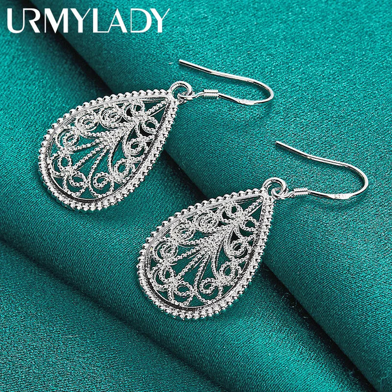 URMYLADY 925 Sterling Silver Water Drop Hollow Plant Earrings For Women Wedding Engagement Party Fashion Jewelry