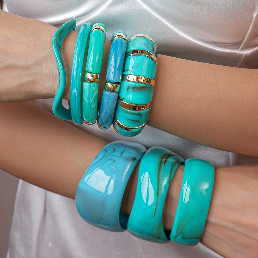 KMVEXO Vintage Turquoise Blue Geometric Resin Bangle Women Irregular Wide Bracelet Ladies Bohemian Beach Acrylic Bangles Jewelry