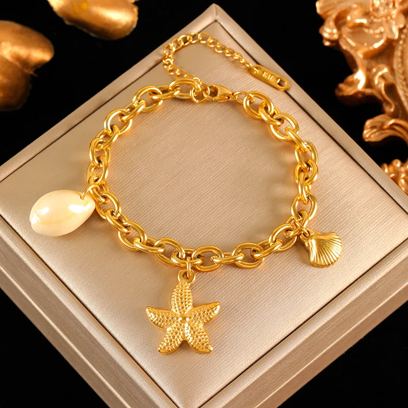 EILIECK 316L Stainless Steel Metal Starfish Shell Seahorse Bracelet For Women Trendy Wrist Chain Waterproof Beach Jewelry Gift