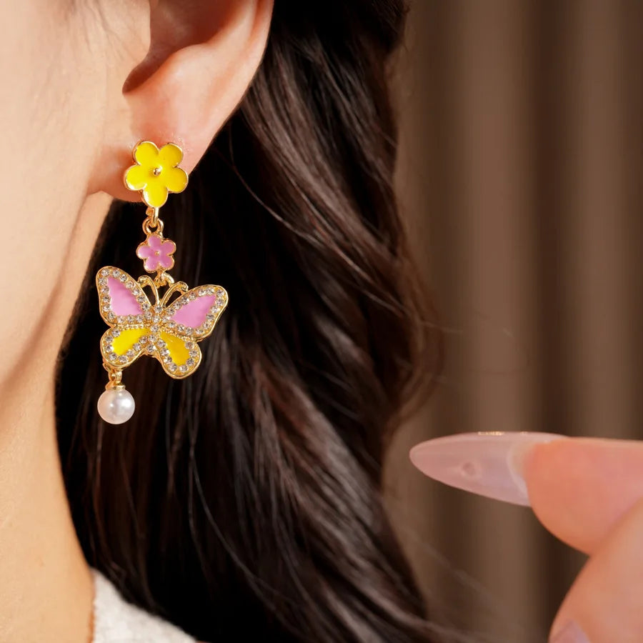 Pink Yellow Butterfly Flower Jewelry Set Sweet Enamel Necklace Drop Earrings Women's Fashion Party Banquet Accessories K