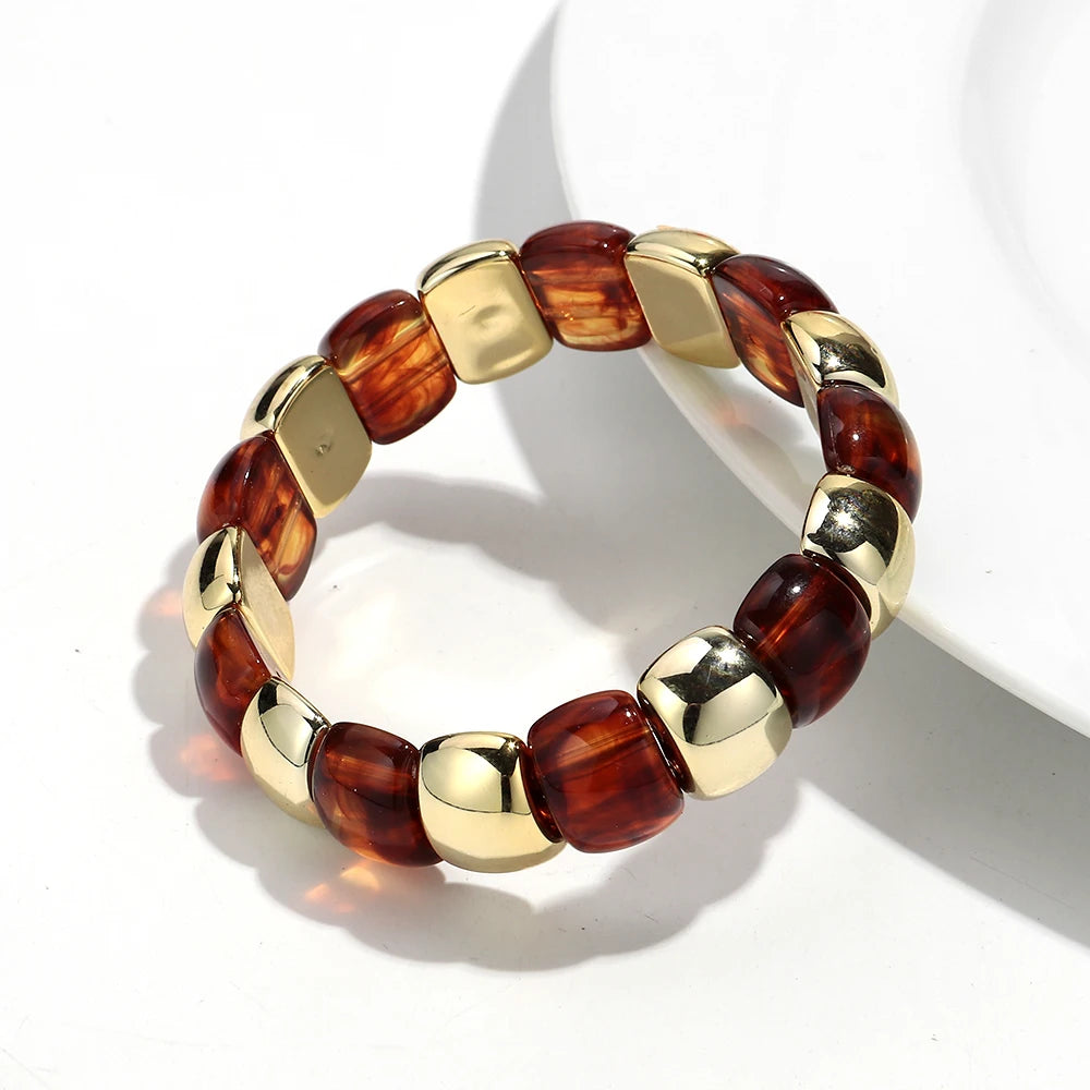 Vintage Acrylic Coloful Geometric Beads Elastic Bangle Bracelets Fashion Resin Golden CCB Bead Stackable Bracelet Women Jewelry