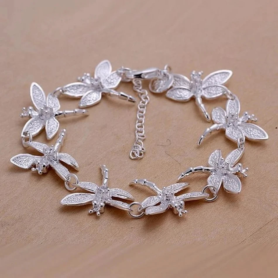 High Quality Fashion 925 Sterling Silver Bracelets Chain Jewelry Creative Inlaid Stone Dragonfly Lady for Women Party Gift 20cm