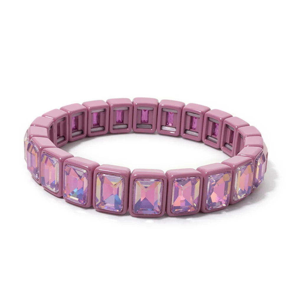 8x10mm Zirconia Enamel Bangle For Women Handmde Rainbow Color Elastic Beaded Bracelets