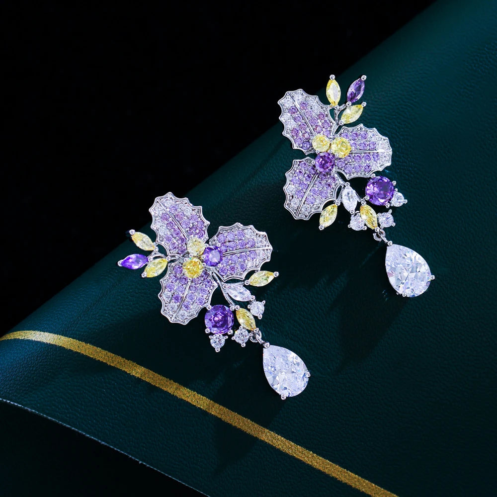 ThreeGraces Delicate Purple Yellow Zircon Long Flower Leaf Drop Earrings for Women Elegant Bridal Wedding Party Jewelry E1904