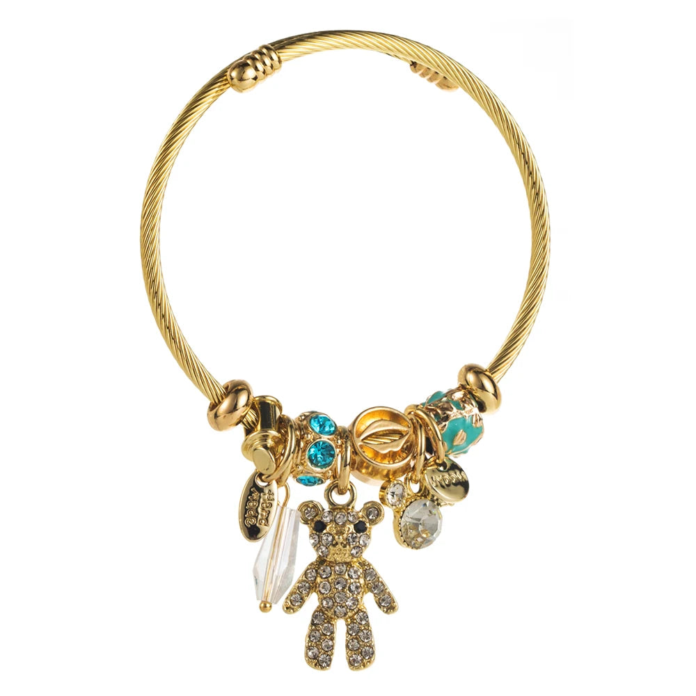 Gold Stainless Steel Pandora Bracelet With Personalized Bear Letter Pendant And Adjustable Opening For Women