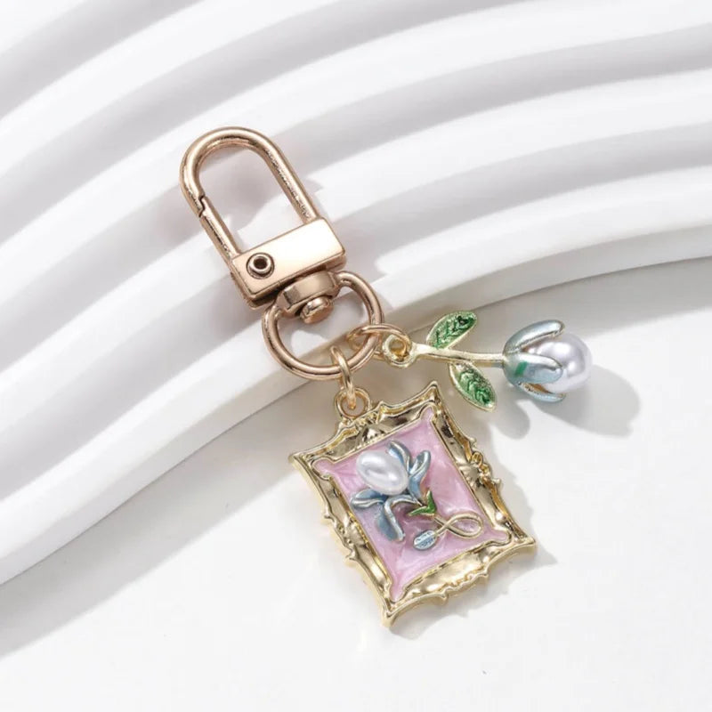 Pretty Flower Pearl Butterfly Enamel Keychain Cartoon Baroque style Plant Key Ring For Women Girls Handmade Gift DIY Jewelry
