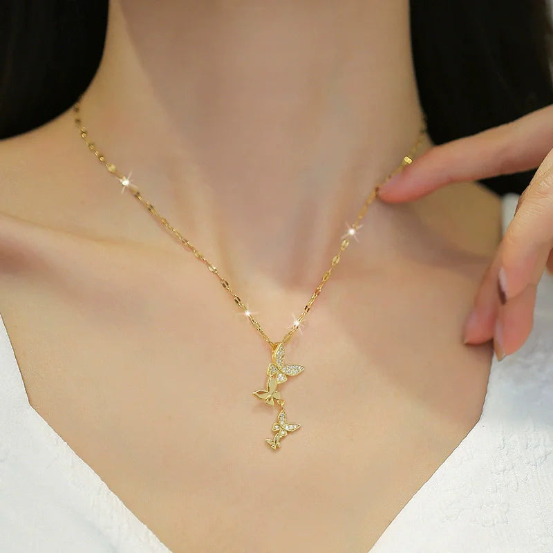 EILIECK 316L Stainless Steel Shine Cubic Zircon Butterfly Pendant Necklace for Girl Gold Color Waterproof Chic Jewelry Party