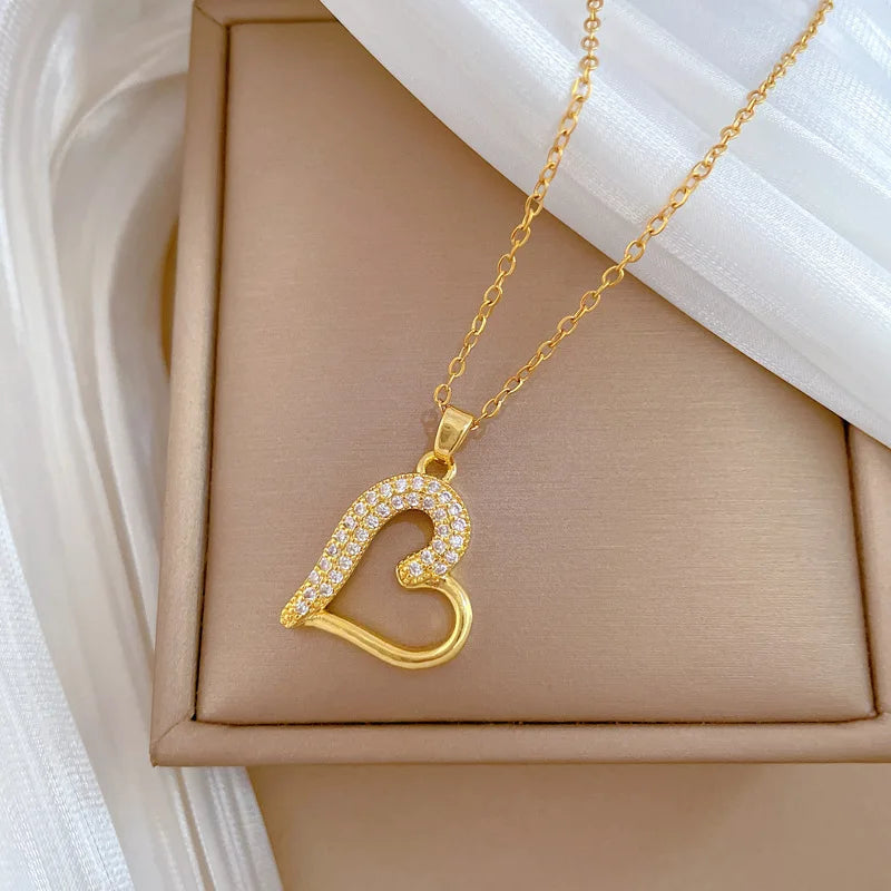Luxury Heart Necklace for Women Full Paved Bling Cubic Zirconia 14k Gold Color Exquisite Necklace Female Wedding Jewelry
