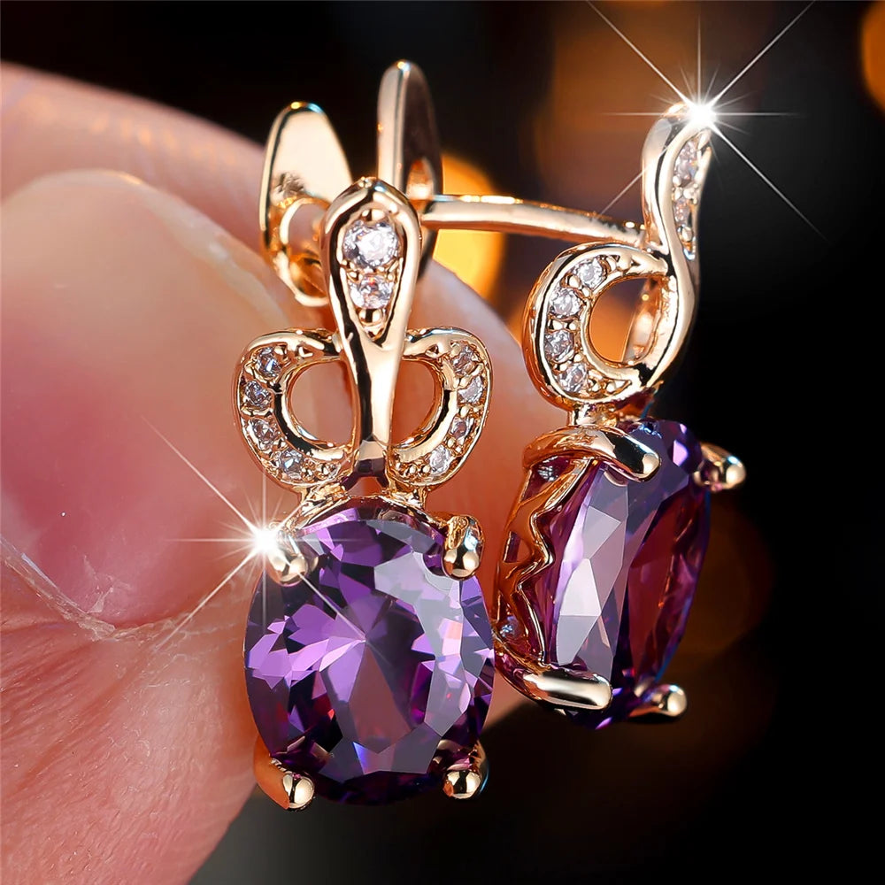 Luxury Female Purple Oval Zircon Stone Hoop Earrings Fashion Gold Color Wedding Jewelry For Women
